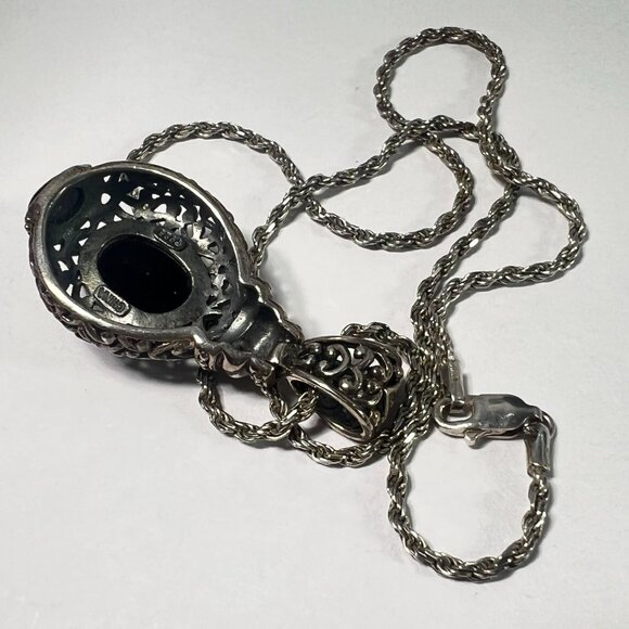 Vtg Silver Filigree Pendant Necklace Black Tourmaline Cabochon 925 Italy Chain - Picture 5 of 7
